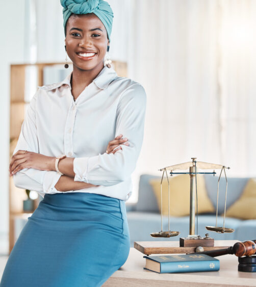 Legal pride, portrait and a black woman with arms crossed at work for professional job as a lawyer